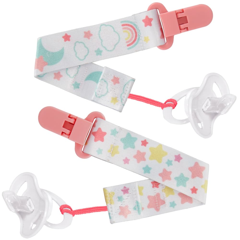 Kit com 2 Prendedores de Chupeta Clipe com Trava Estrelas Rosa