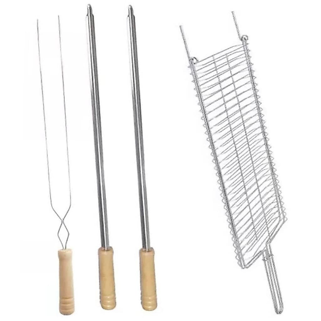 Kit Churrasco Grelha Dupla Abaulada 57cm Para Carne Peixe Linguiça 1 Espeto Duplo 2 Espetos Simples