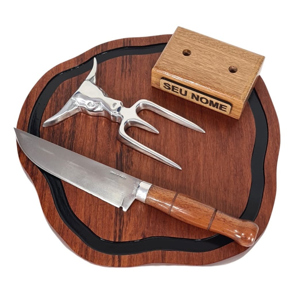 Kit Churrasco Personalizado Tábua Resinada + Tridente + Faca