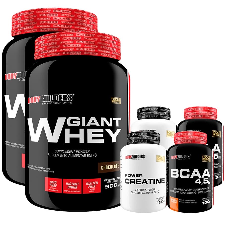 Kit 2x Giant Whey 900g + 2x Power Creatina 100g + 2x BCAA 4,5 100g - Bodybuilders