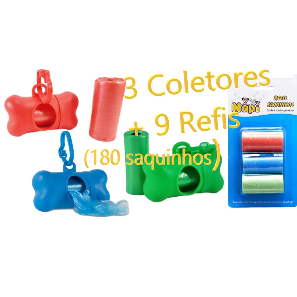 Kit 180 Saquinhos + 3 coletor de fezes para Coleiras Cães Higiênico Coletor Pets Gatos Envio Rápido