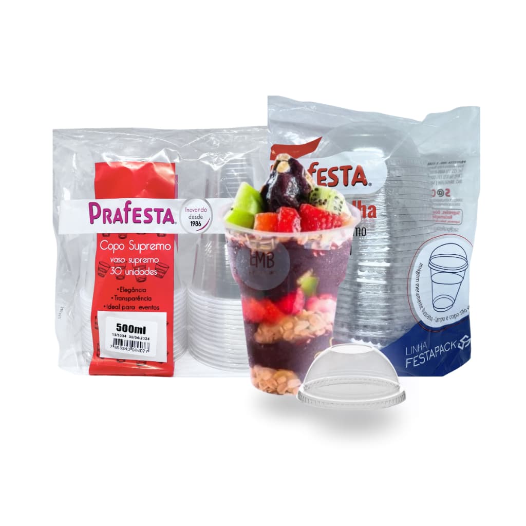 Copo 500ml Com Tampa Bolha Deluxe Prafesta Descartável Festa Delivery 30u