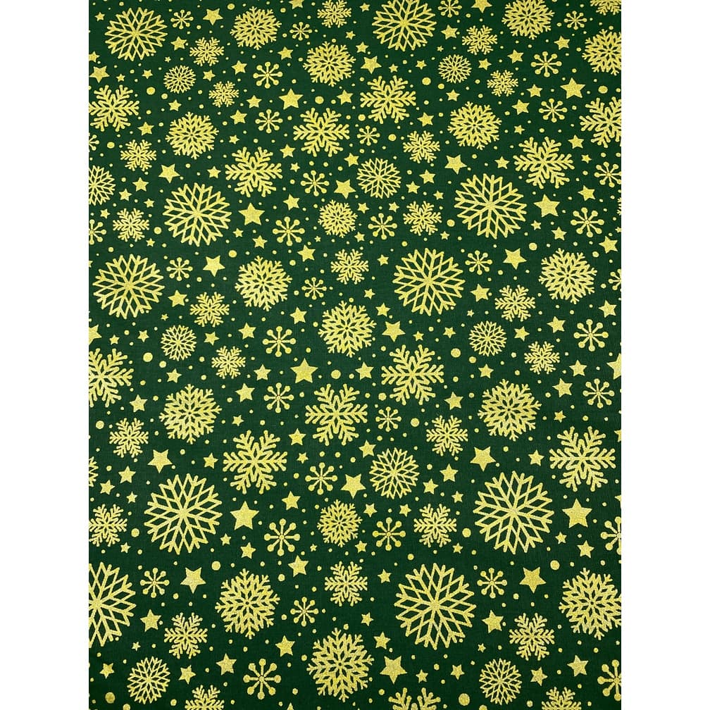 Tecido Tricoline Estampada Natal 100% Algodão - Flocos Dourado c/ verde