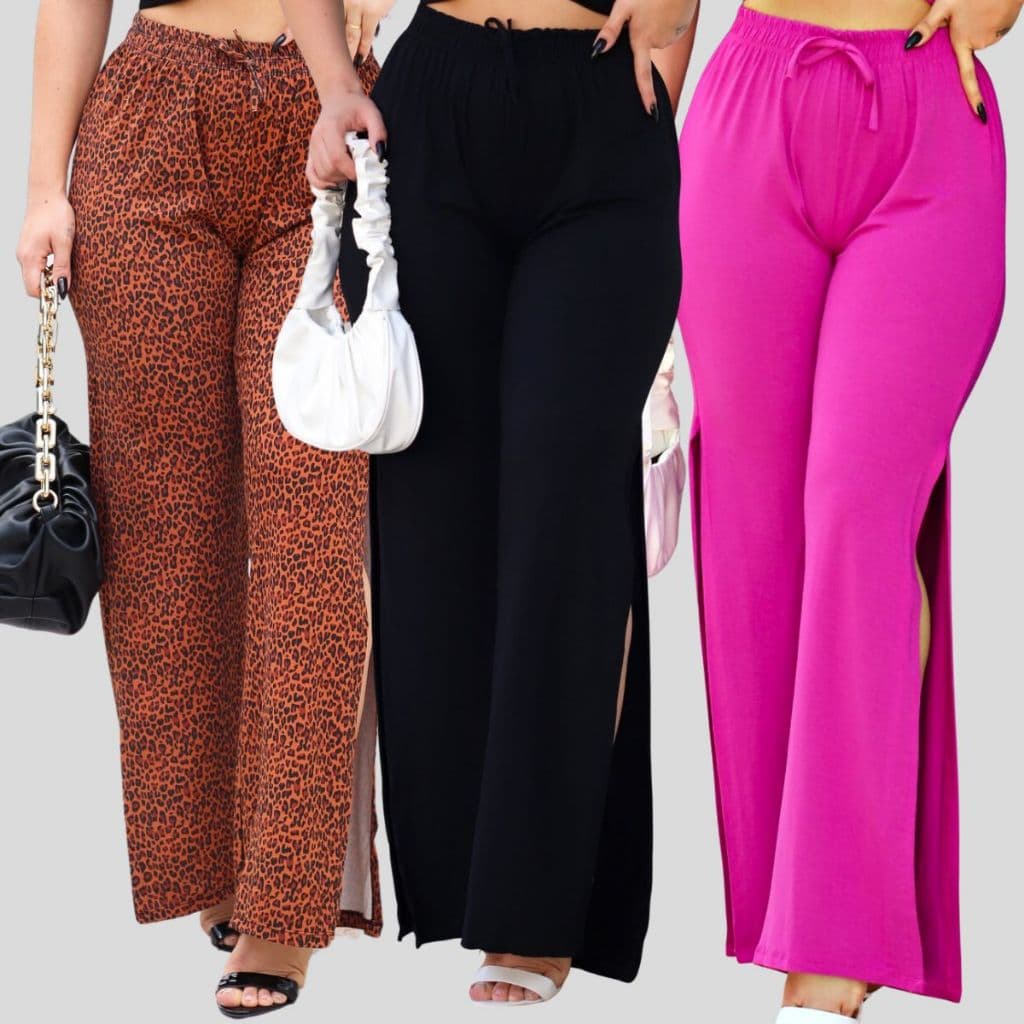 Calça Pantalona Feminina Fendas Laterais Cintura Alto Forrado Moda Super Envio