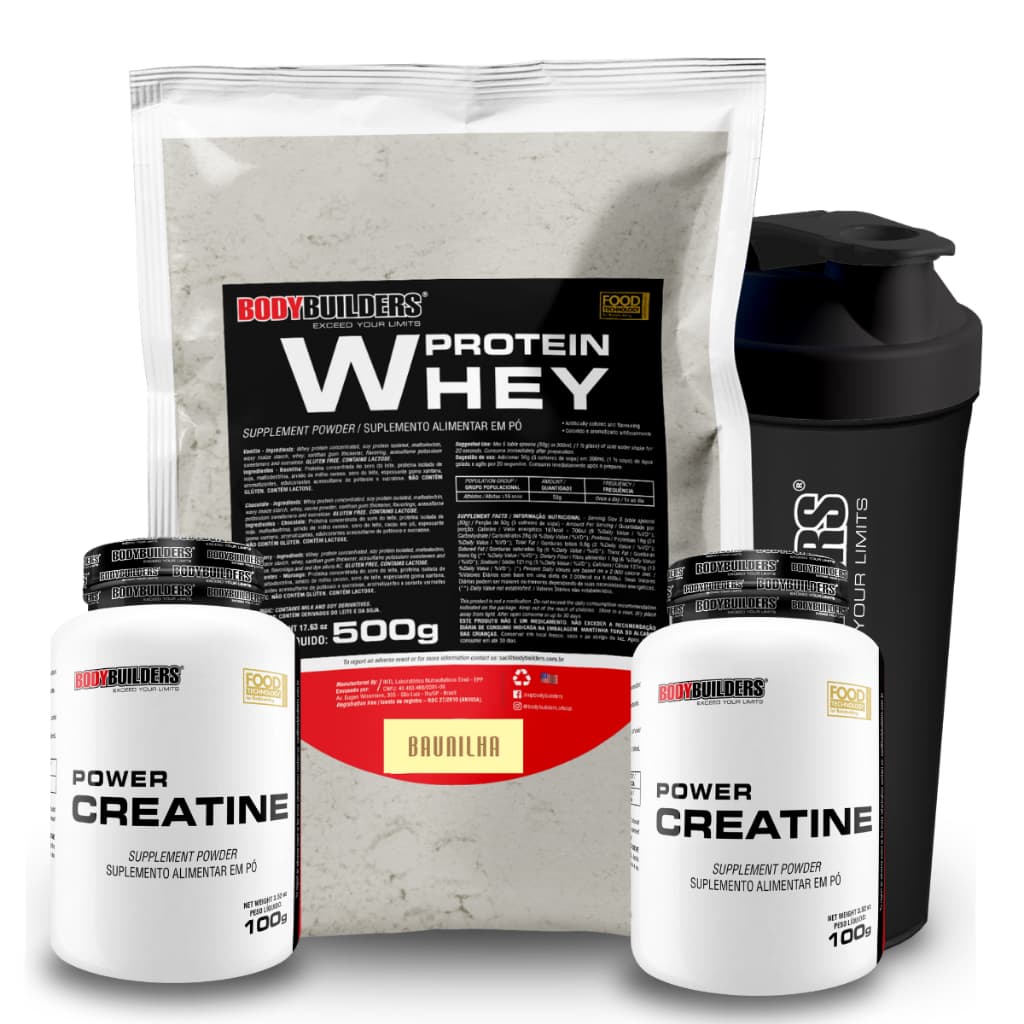 Kit Whey Protein Concentrado Proteico 500g + 2x  Power Creatina 100g + Coqueteleira - Bodybuilders