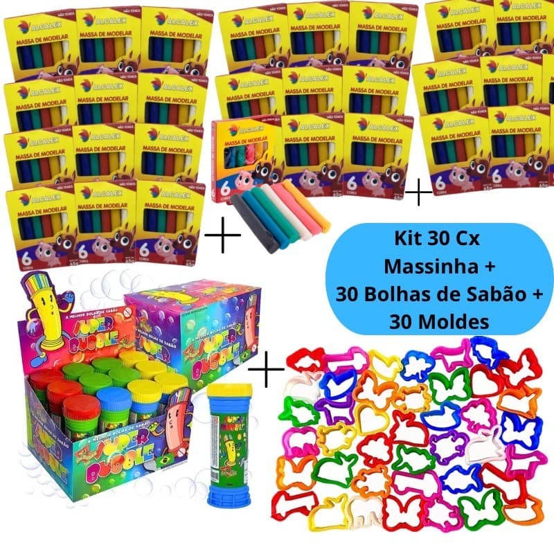 Kit 30 Cx Massinha de Modelar + 30 Bolhas de Sabão + 30 Molde Kit Festa Cortador Lembrancinha Infantil Escolar