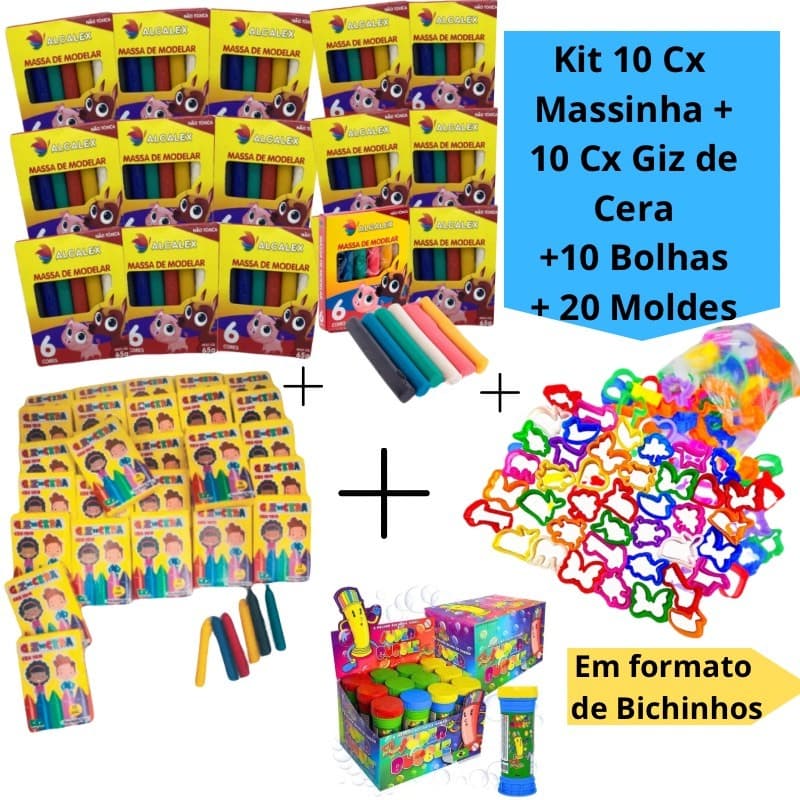 Kit 10 Cx Massinha de Modelar + 10 Bolhas de Sabão + 20 Molde Cortador Forminha + 10 Cx Giz de Cera Kit Festa Lembrancinha Infantil Escolar
