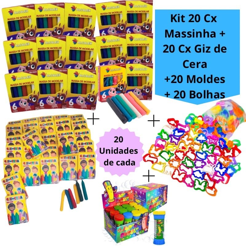 Kit 20 Cx Massinha de Modelar + 20 Bolhas de Sabão + 20 Molde Cortador + 20 Cx Giz de Cera Kit Festa Lembrancinha Infantil Escolar