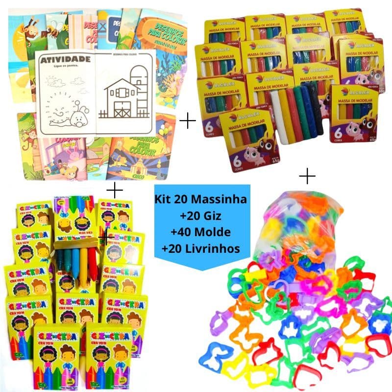 Kit 20 Cx Massinha de Modelar + 20 Cx Giz Cera + 40 Molde + 20 Livrinhos Colorir Lembrancinha Infantil