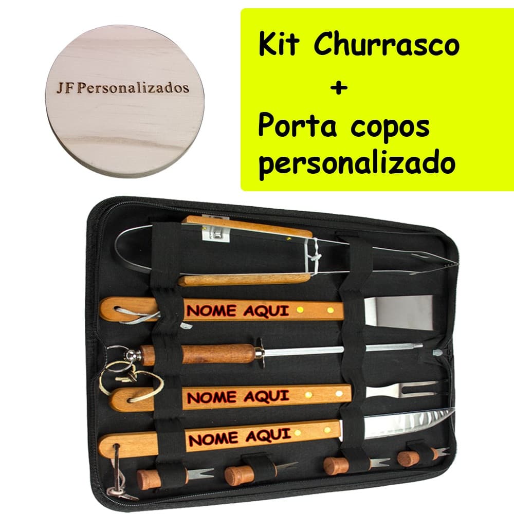 kit churrasqueiro personalizado completo com porta copos presente aniversario criativo feminino