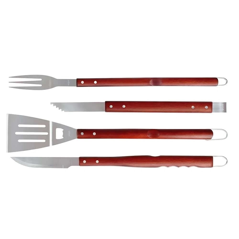 Kit Churrasco Inox 4 Peças Faca Garfo Espatula Pegador Mor