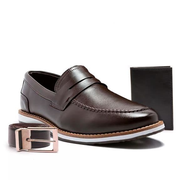 Kit Sapato Mocassim Social Casual Masculino Laboshoes Calce Fácil Preto Marrom + Cinto + Carteira