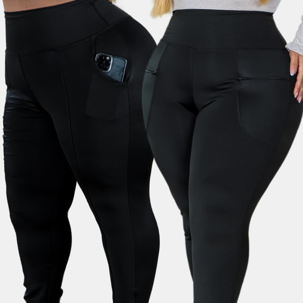 Kit 2 Legging Feminina Bolso e Zíper Plus Size Cós Alto Malha Grossa Suplex Power Modeladora M/G4