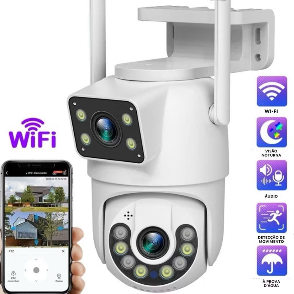 Câmera de Segurança Wi-Fi IP66 Lente Dupla, Visão Noturna, Sensor de Movimento e Rotação 360°