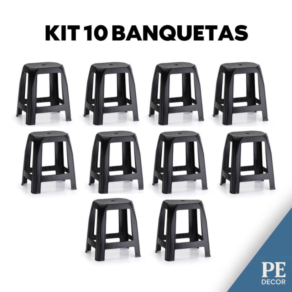 Kit 10 Banquetas Plástico Reforçado Banco Adulto Festa Churrasco Bar Evento Empilhável Resistente