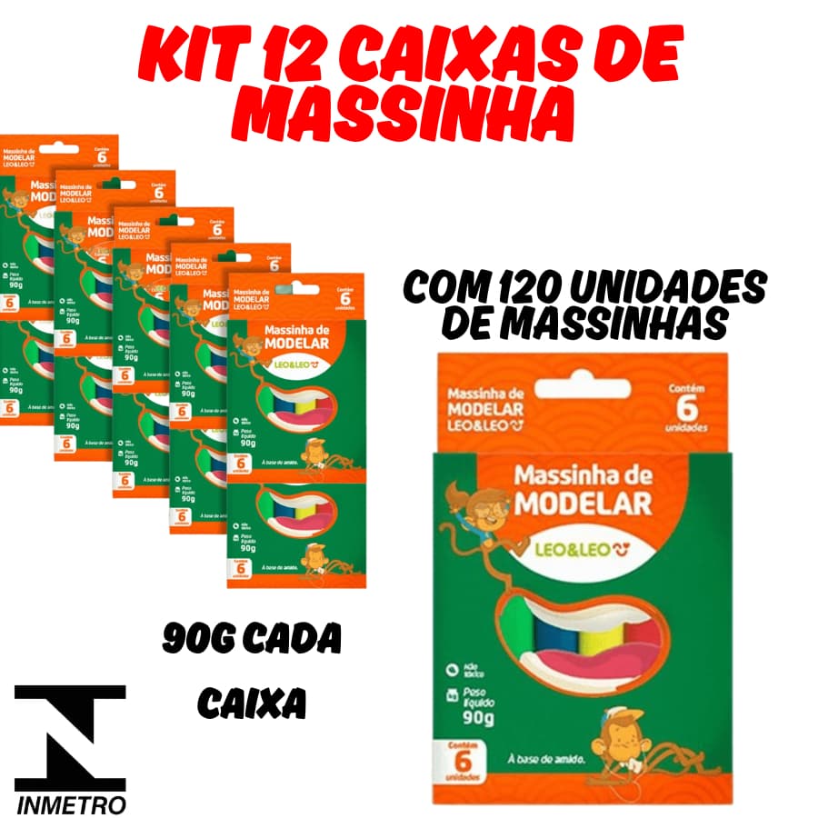 KIT 12 Caixas Massinha de Modelar 90g 6 Cores MultiColorida Leo&Leo Infantil Atoxico Brinqudo