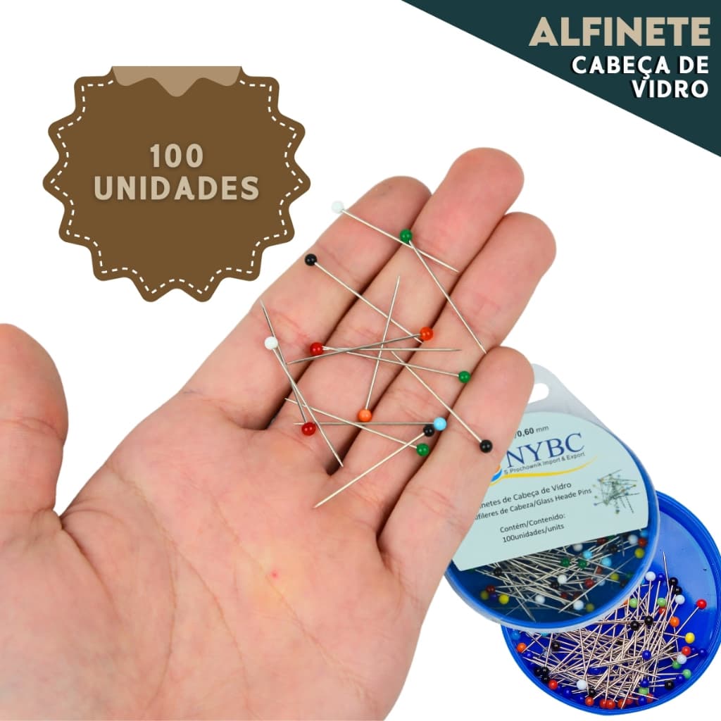 Alfinete Cabeça de Vidro - C/100 - Ideal Para Trabalhos De Costura, Patchwork e Artesanato - MANIA
