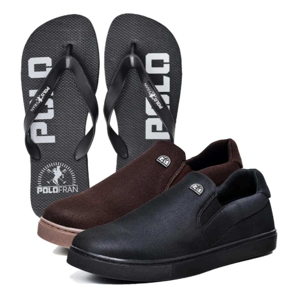 Kit 2 Pares Sapatenis Masculino Polo Fran Slip On Casual Tenis Elastico Bali + Chinelo