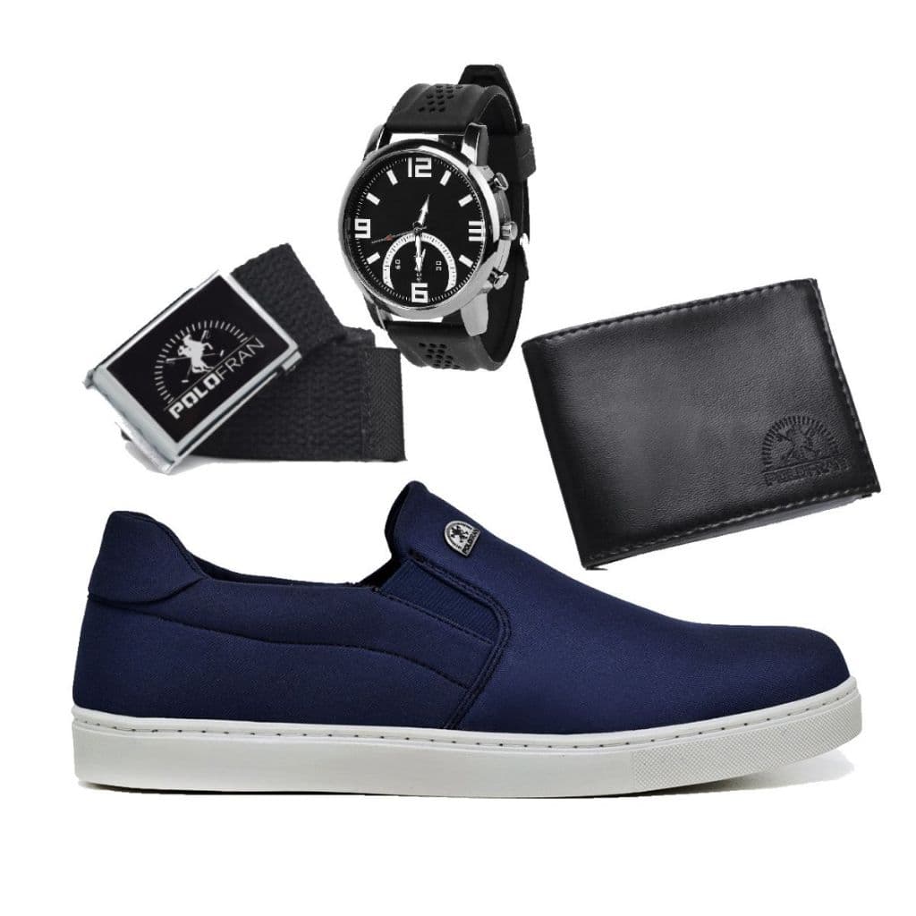 Tênis Masculino Polo Fran Casual Sapatenis  Slip On Bali Relogio + Carteira + Cinto