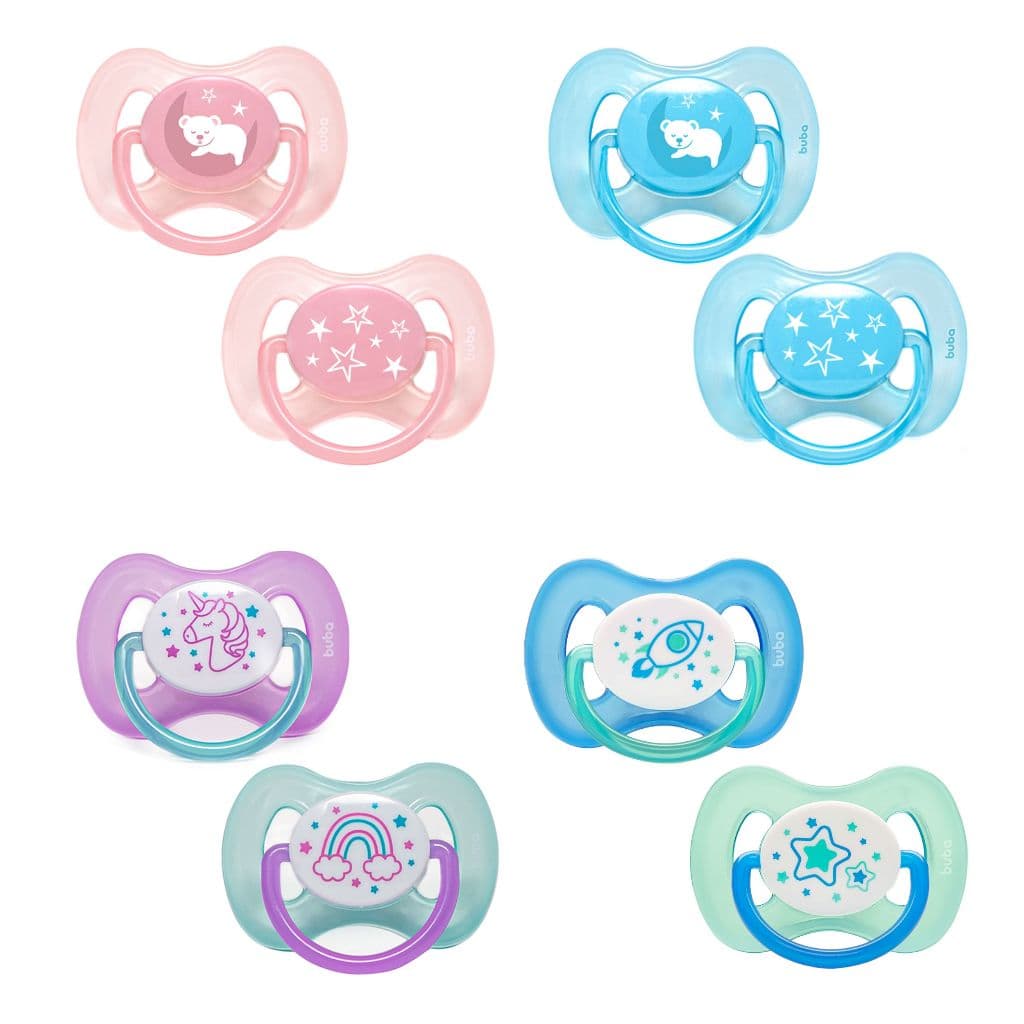 Kit 2 Chupetas Comfort Brilha no Escuro – Tamanho 1 (0 a 6 meses) ou Tamanho 2 (+6 meses) – Buba
