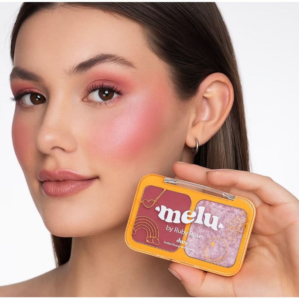 PALETA DUO MELU RUBY ROSE - BLUSH E ILUMINADOR COMPACTO COM EFEITO GLOW