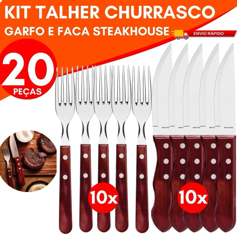 Kit 20 Talher Inox Cabo Madeira Garfo e Faca Jumbo Wooden Churrasco Restaurante Premium