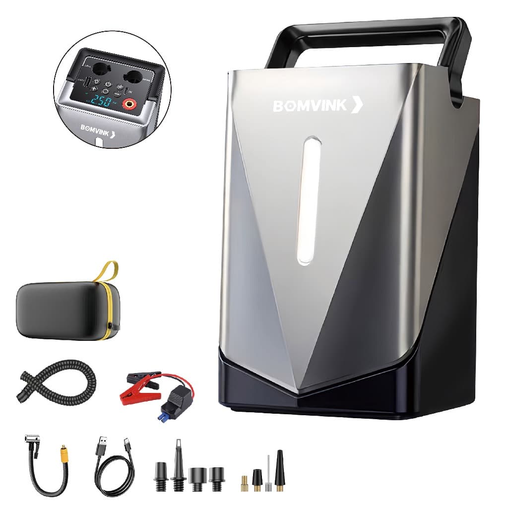 Auxiliar de Partida e Compressor Portátil Veicular para Emergências Compressor Ar Power Bank