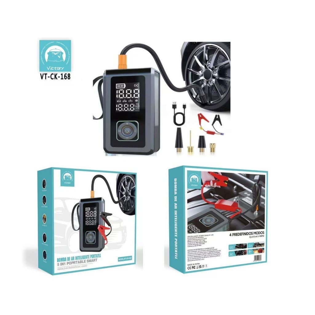 Bomba de Ar Portatil Compressor Inflator Multi-função 5 em 1 PowerBank 15000 mAh Bateria Calibrador de Carro Auto Pneu