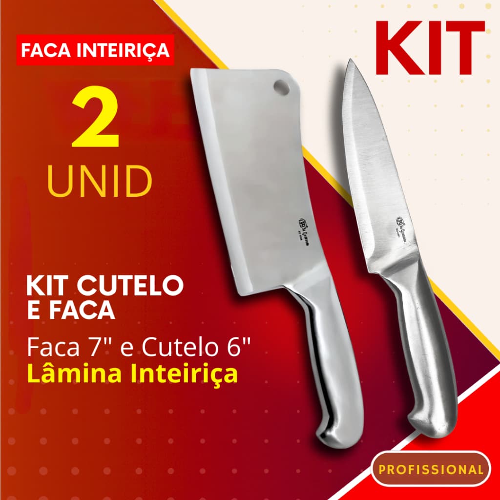 Kit 2 Pçs Faca e Cutelo Inteiriço Profissional Aço Inox para Churrasco Açougue Cozinha