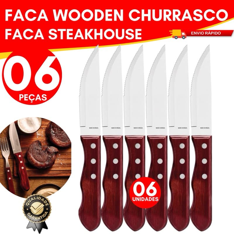 Kit 06 Facas Churrasco Profissional Wooden Inox Premium – Alta Qualidade e Durabilidade