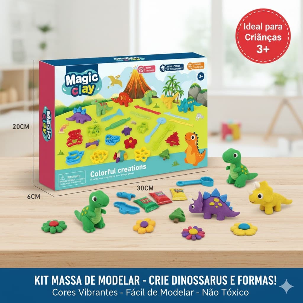 Kit Massinha de Modelar Infantil com Moldes e Acessórios – Dinossauros Colorido Brincadeira Criança