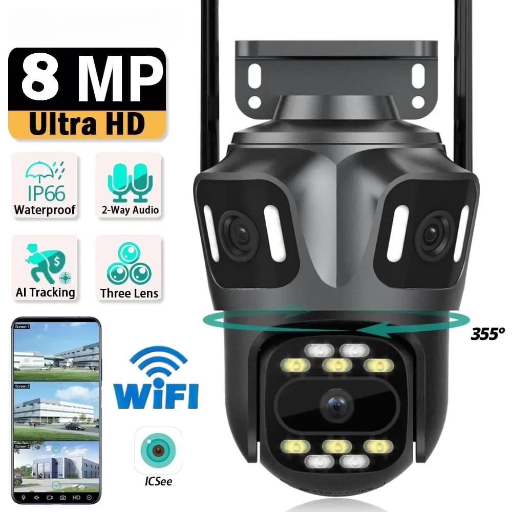 Câmera de Segurança WiFi 360° com 3 Lentes – 8K HD, Visão Noturna e Rastreamento Automático