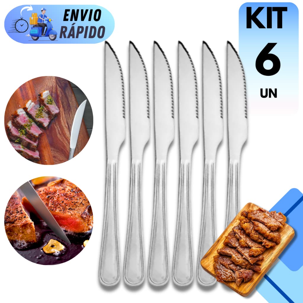 KIT 6 FACA DE MESA 100% AÇO INOX TALHERES COZINHA REFEIÇÃO CHURRASCO SERRA MULTIUSO