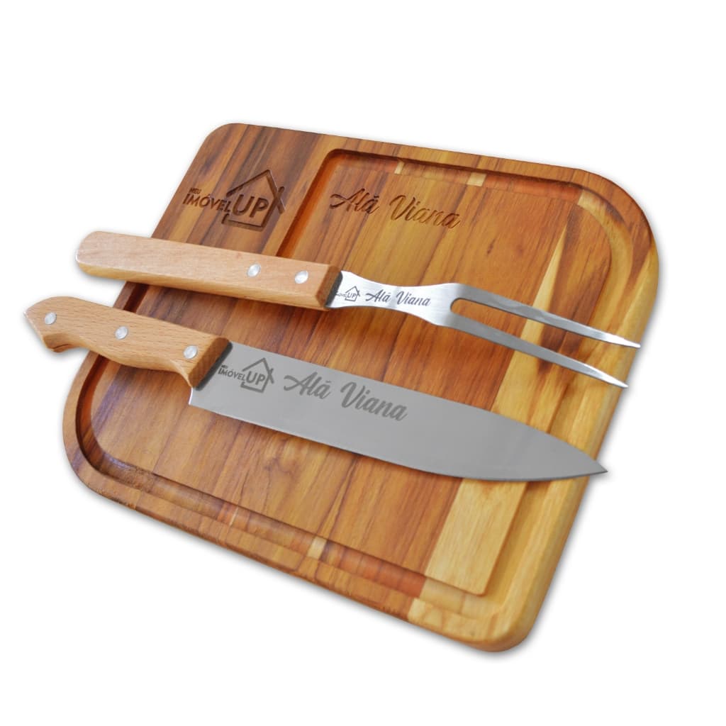 Mini Kit Tábua Faca e Garfo Personalizado Para Churrasco com Logo e Nome Time Empresa Presente