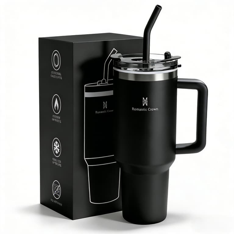 ROMANTIC CROWN Copo Térmico Inox Portátil 1200ml/600ml com Tampa e Canudo Garrafa Térmica Inoxidável