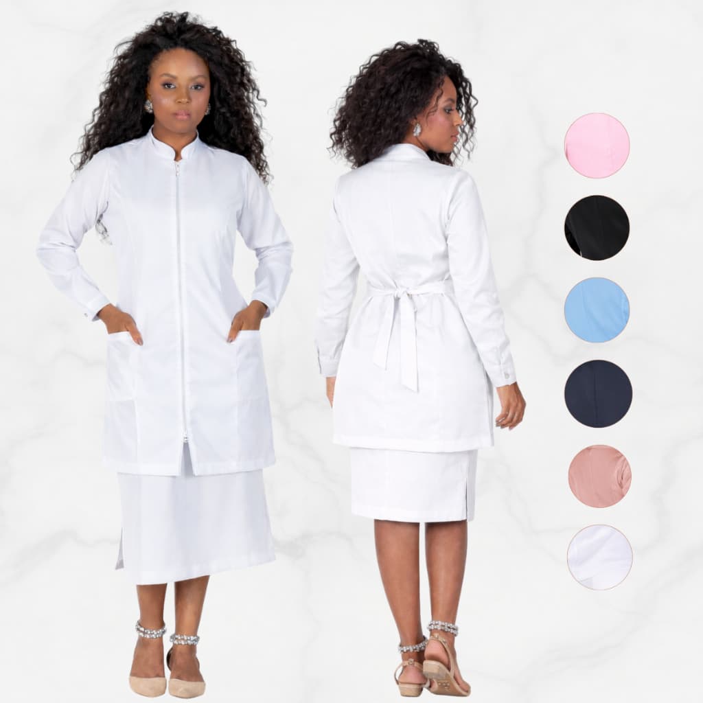 Jaleco Feminino Oxford Básico Zíper Manga Longa Acinturado 100% Poliéster Profissional Saúde