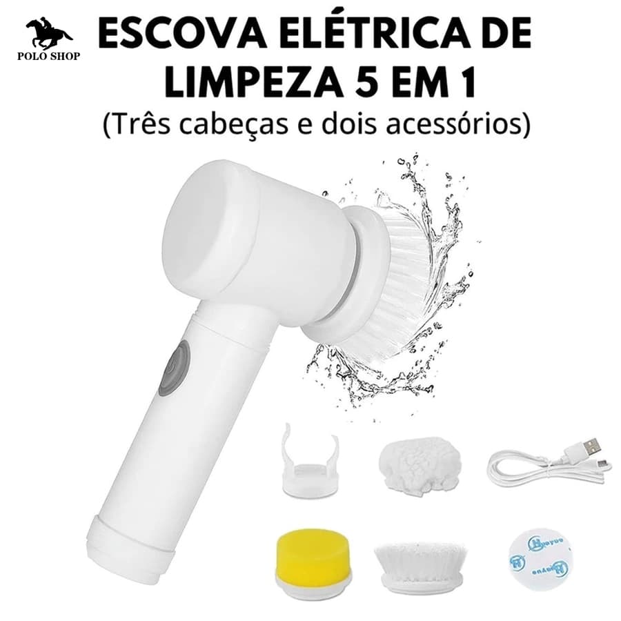 Escova Elétrica de Limpeza 5 em 1 USB, Recarregável, Kit c/ 5 Refis, p/ Cozinha e Banheiro