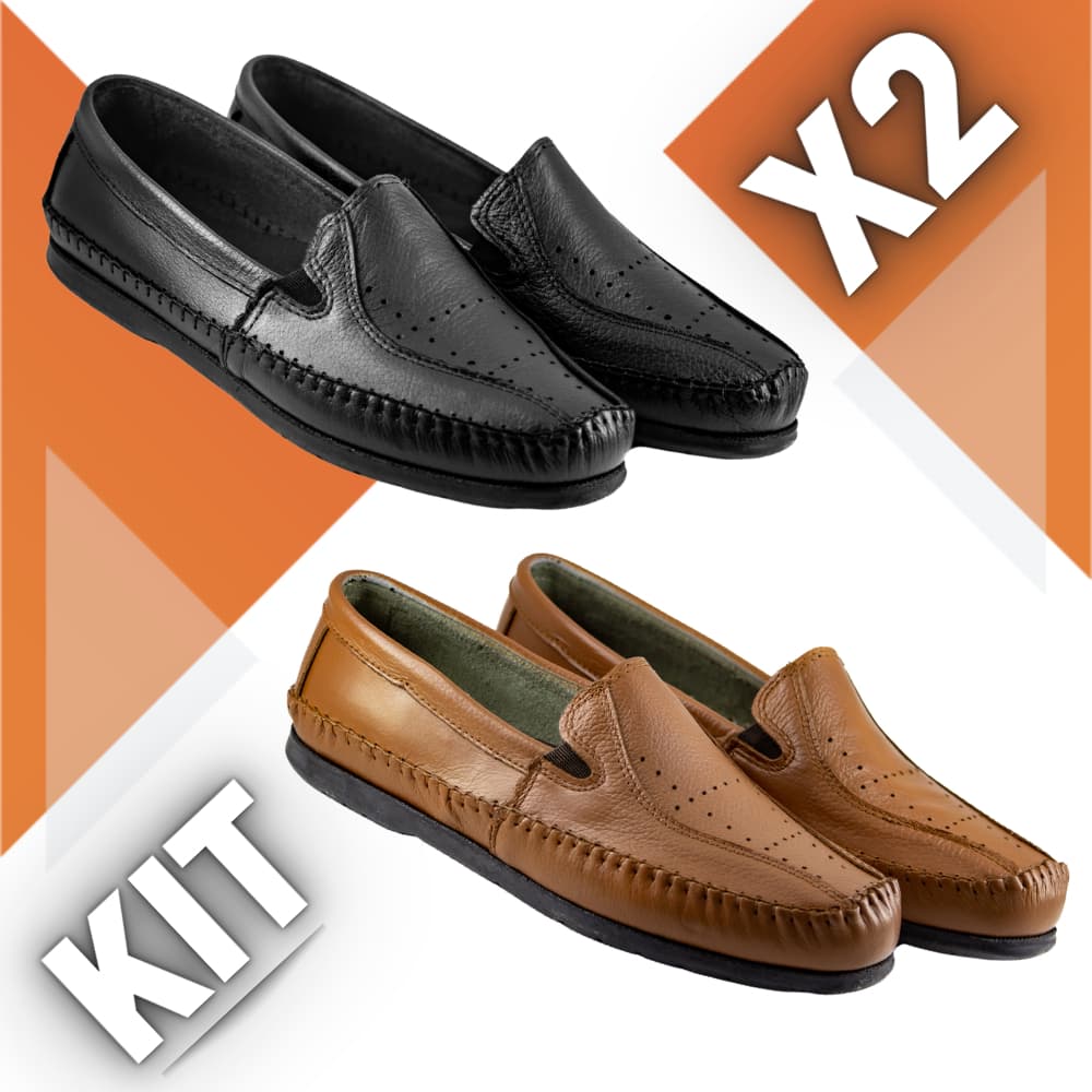 Kit 2 Pares Sapato Masculino Mocassim Confortável Macio de Couro Legitimo Ortopédico Black Friday