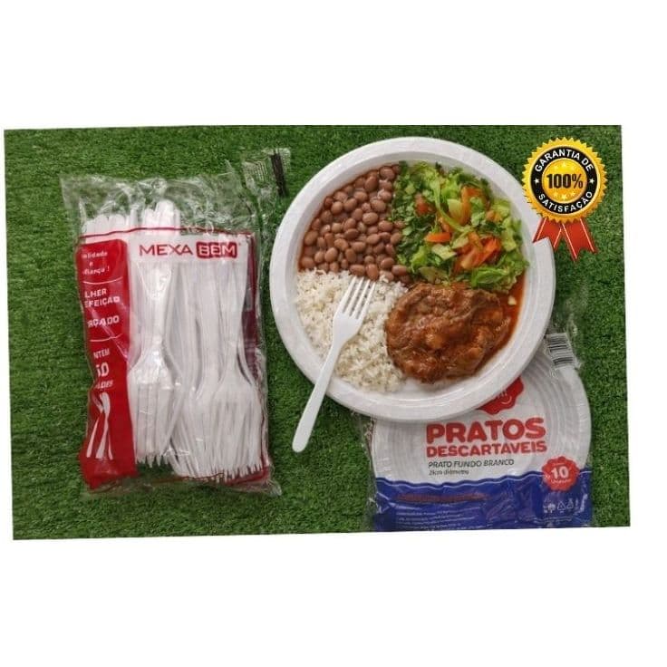 Kit churrasco prato fundo e garfo refeição descartável  prato 21cm mais garfo reforçado