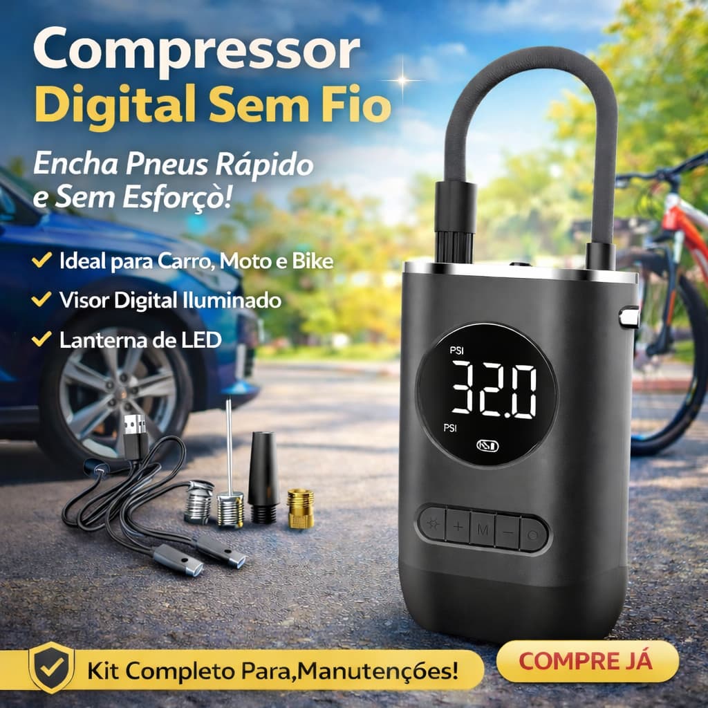 Mini Compressor De Ar Portátil Digital Sem Fio Encher Pneu Carro Moto Bike Com Lanterna Led Bivolt