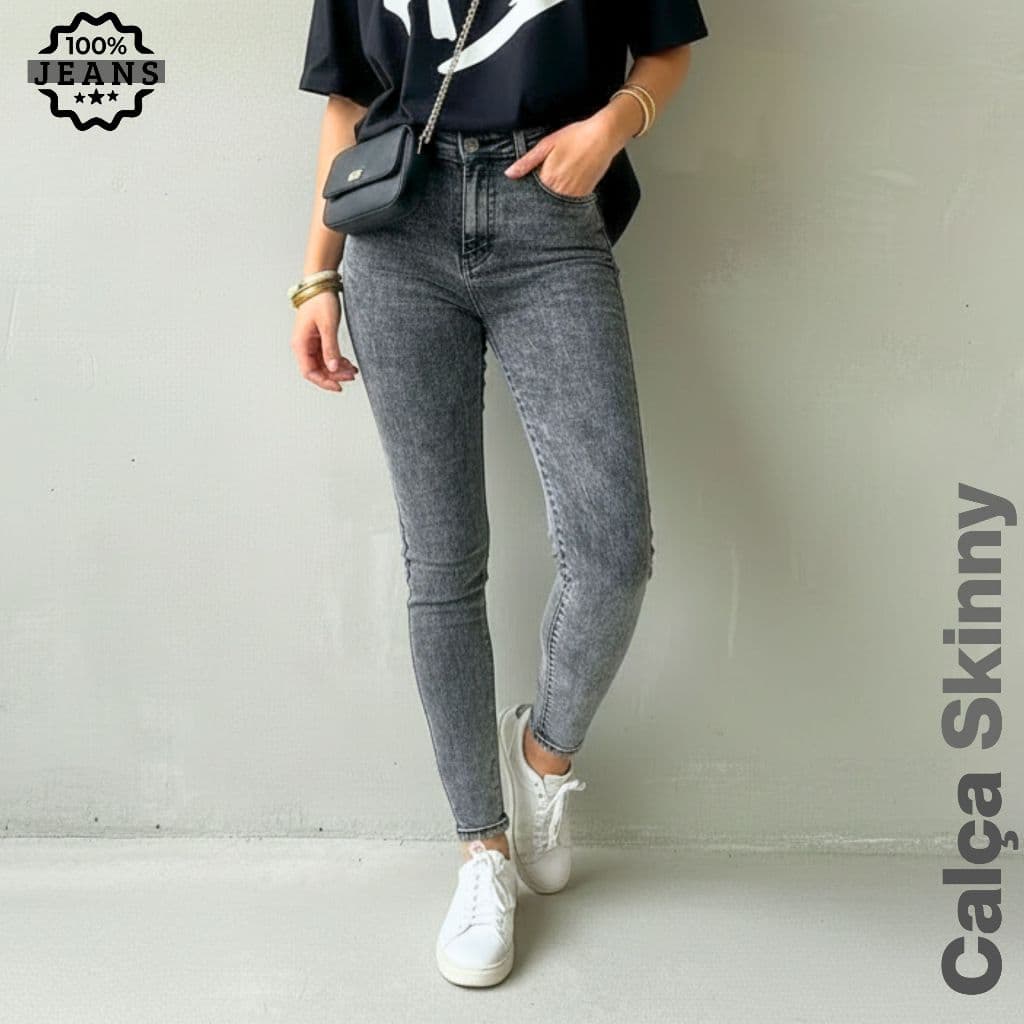 Calça Jeans Feminina Skinny Grafite Empina Bumbum Cós Alto Marmorizada com Elastano 36 ao 46