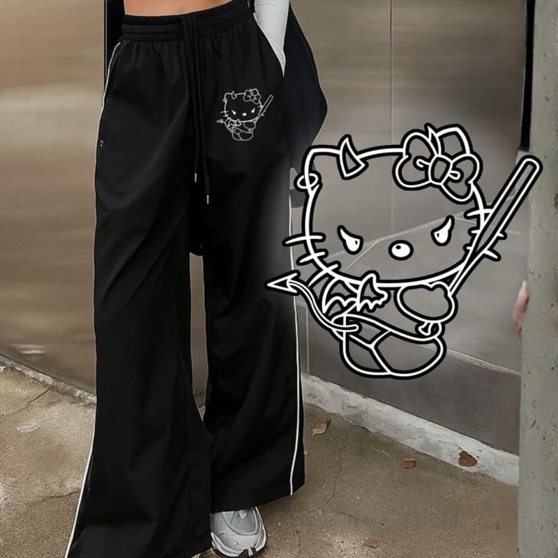 Calça Hello Kitty Reta Larga Preta Kawaii Dark Devil Alternativa Gótica