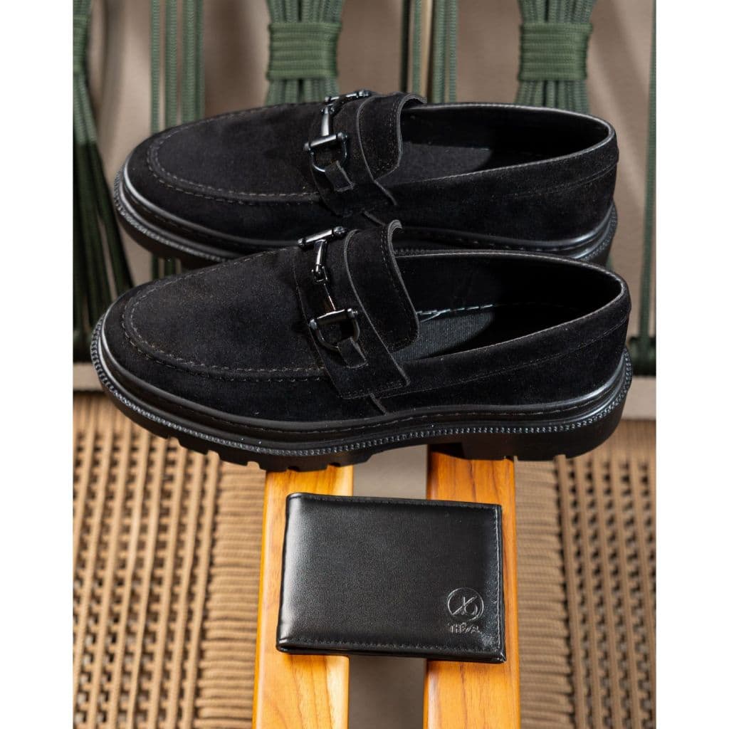Sapato Social Mocassim Masculino Camurça Santorini Solado Costurado Elegante Festa com Carteira Slim Dia dos Pais