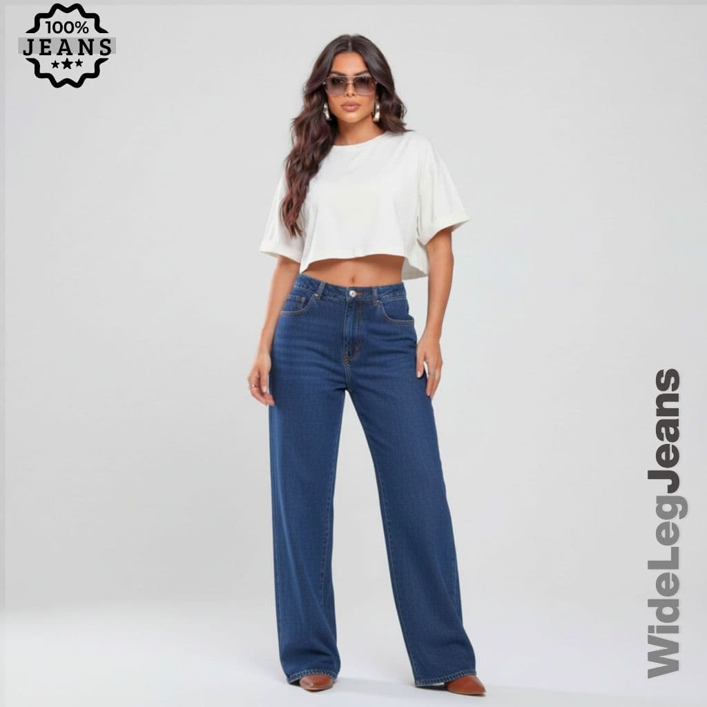 Calça Wide Leg Jeans Feminina Cintura Alta Pantalona Jeans Grosso 100% Algodão Premium
