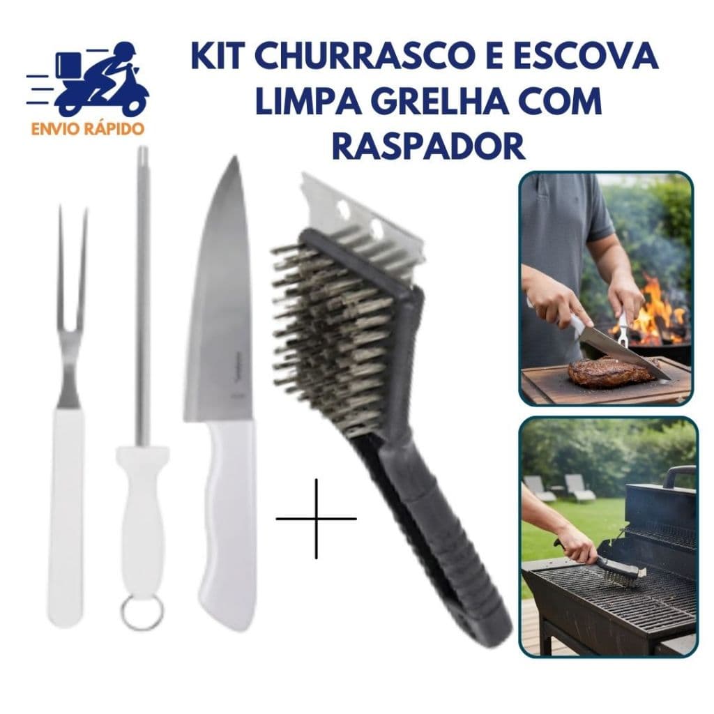 Kit Churrasco Aço Inox + Escova Limpa Churrasqueira Grelha Limpeza Pesada
