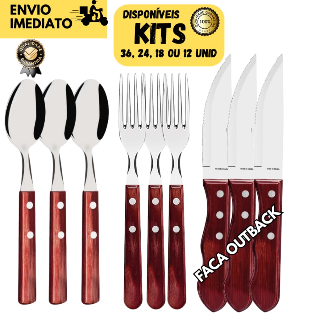 Kits 36/24/18 e 12 Talheres p/ Churrasco Faca Jumbo Outback +Garfo e Colher Madeira Inox Tradicional
