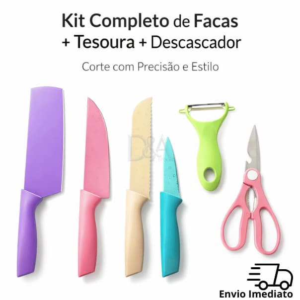 Kit Facas 6 Peças Tesoura Descascador Lâminas Afiadas Cozinha Churrasco Profissional