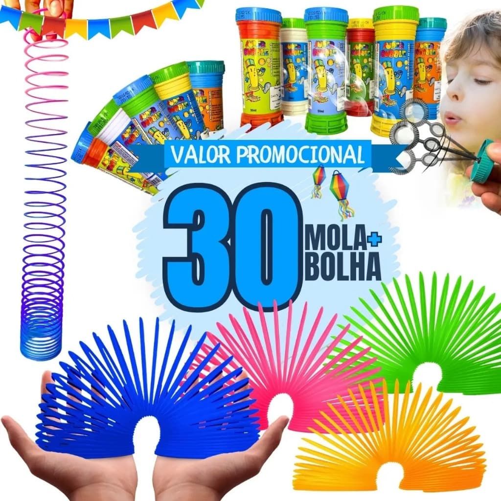 Kit 15 Bolhas De Sabão + 15 Molas Malucas Lembrancinha Atacado Kit Festa Prenda Brinde Criança Festa