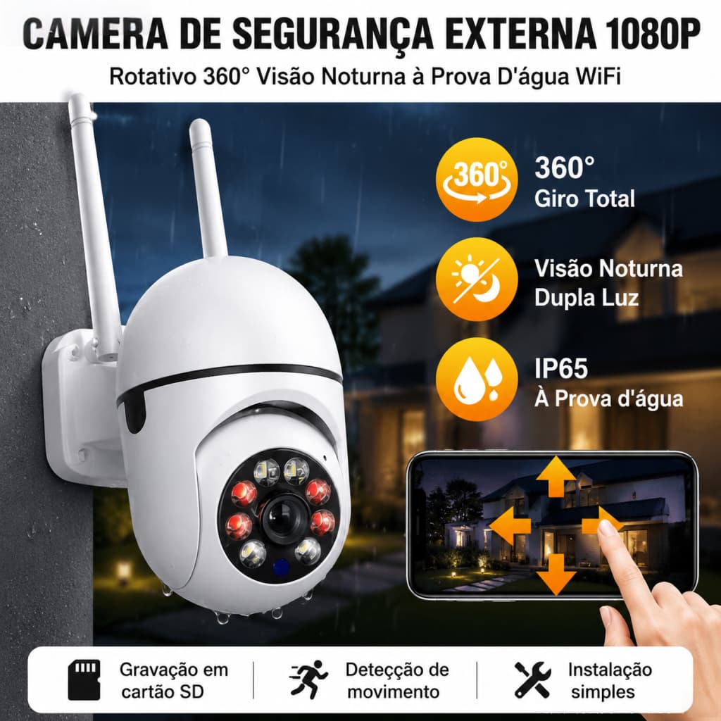Câmera Segurança Wi-Fi 1080P 360° Rotação, Visão Noturna, Áudio Bidirecional, Impermeável para Casa