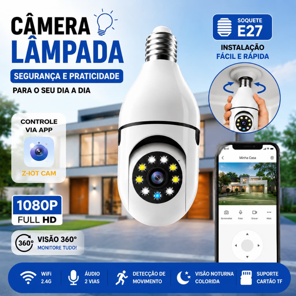 Câmeras Lâmpada PIX LINKCAM E27 Segurança Wi-Fi 360° Visão Noturna Impermeável